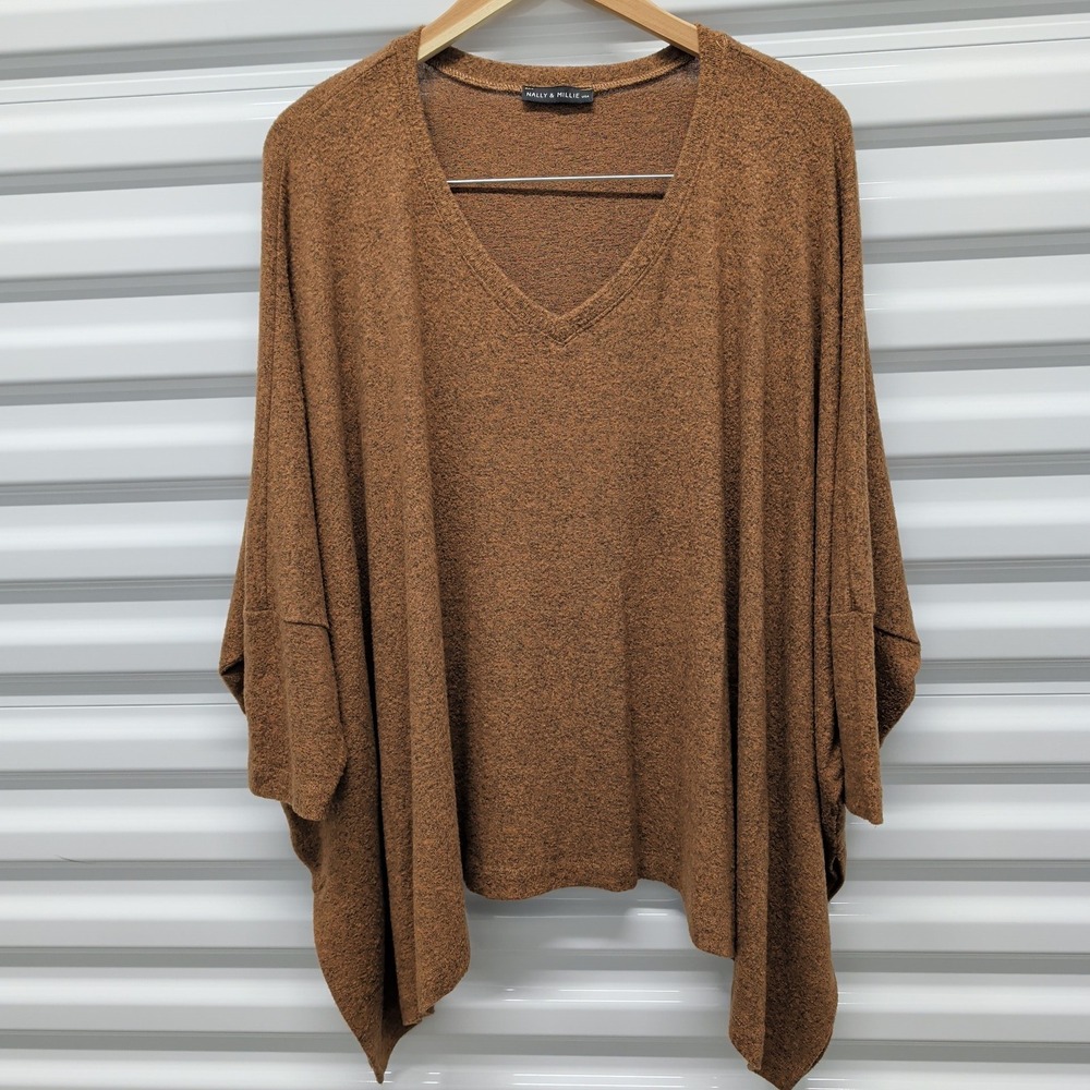 Nally & Millie One Size Women Rust Brown Marled Knit V-Neck Poncho Top N502038 — photo 2